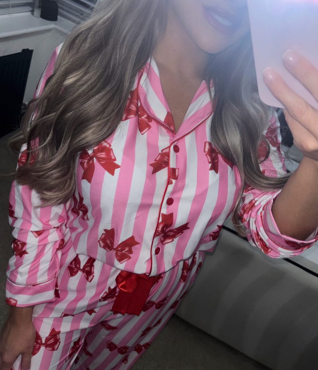 Pink Bow Striped Pyjama Set