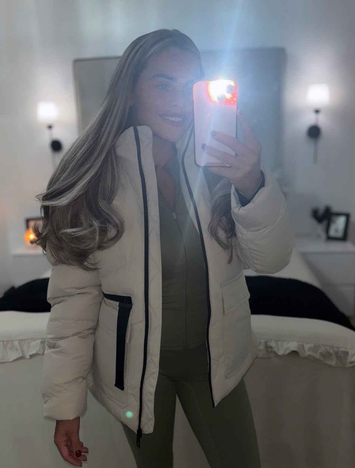 BEIGE COAT WITH HOOD – BLACK DETAILED